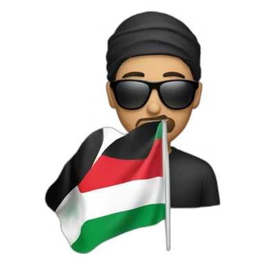 Muslim men with sunglasses take Palestine flag sticker