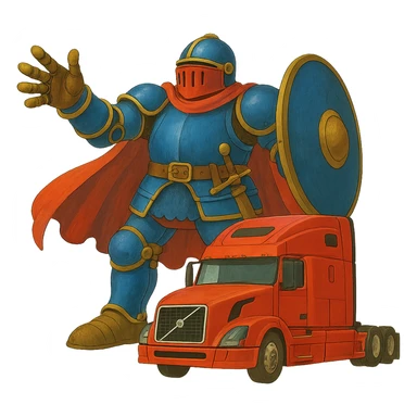 Add color to Casper's knight armor and accessories in ghibli style, keep Casper the same size as the white semi truck, transparent background. sticker