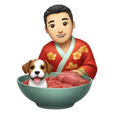 A man dressed in a traditional Chinese costume, holding a dog which is inside of a bowl of beef sticker
