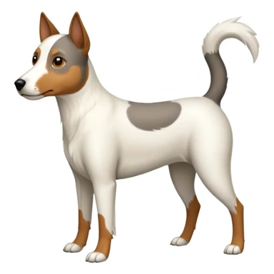 a full body large white floppy eared parson russell looking dog the size of a kelpie with light brown ears and a light brown patch on one eye and a large snout sticker