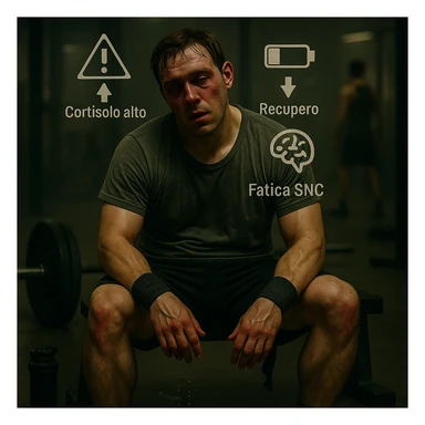 Add floating symbols above the head with Italian text: 'Cortisolo alto', 'Recupero basso', 'Fatica SNC'. The style should be raw cinematic with muted colors and dramatic lighting. The symbols must be clear and legible. sticker