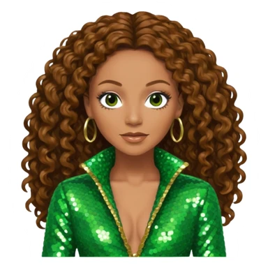 Mel B from Spice Girls with long brown curly hair, green sequin outfit sticker