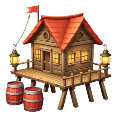 
fisherman house on a wooden pier, small dock, fishing nets hanging, barrels, lantern, ocean vibe, 3D cartoon, cute mobile game icon, clean background, no text
 sticker