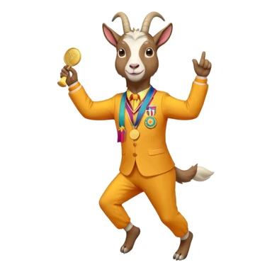 friendly anthropomorphised goat jogging upright in a colourful suit, holding up a medal, standard pose sticker