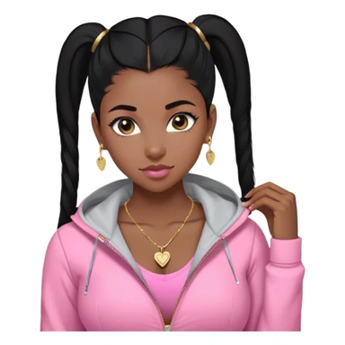 black girl with black straigh hair and baby hairs with pink lululemon jacket with cleavage showing a little n with a gold necklace small heart necklace and gold diamond stud earrings  sticker