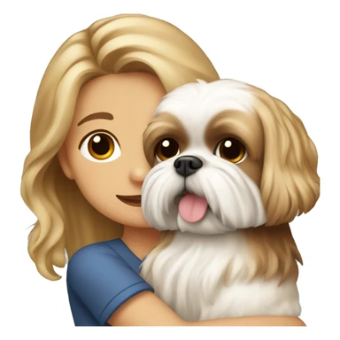 a girl with long, wavy brown hair hugging a Shih Tzu with blonde fur and a cute bow sticker