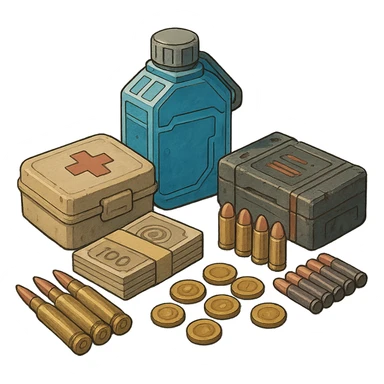 the image is the icon for a videogame  item. futuristic cyberpunk -ready to equip- it is master craftsmanship [ unequipped item ]
It is a pile of miscilaneous loot, some ammunition, credits, koans, first-aid, and a hydrator sticker
