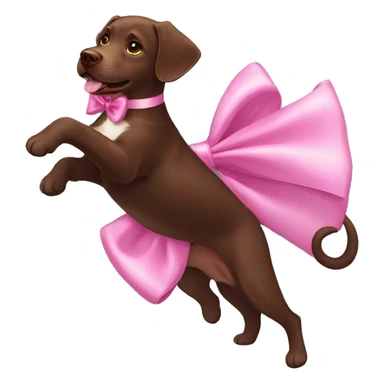 female chocolate lab wearing a pink bow and dancing sticker
