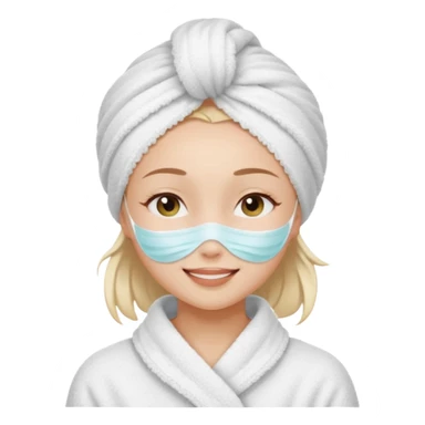 cute girl with her eyes closed and smiling, wearing a white spa towel as her clothes in she has a white spa towel on her head, white face skincare mask whole face sticker