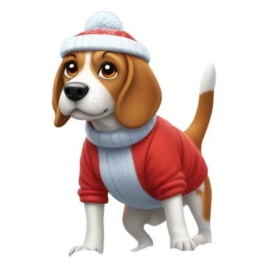Beagle with red winter clothes and snowball fight sticker