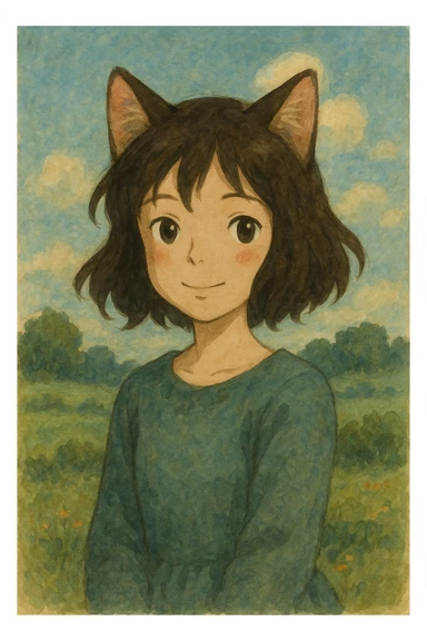 cat girl, soft painterly look, whimsical, cat ears, gentle smile sticker