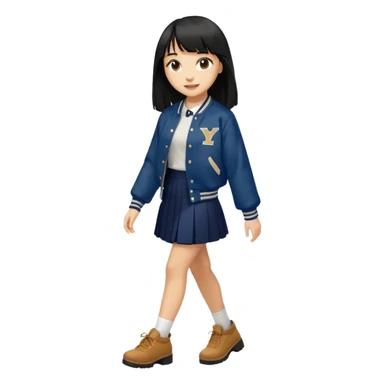 hair : black long hair with fringe (almost waist length) 
skin : light 
outer : deep brown varsity jacket (oversize) 
skirt : navy long long skirt (under knee, close to toe)  
motion : walking alone 


 sticker