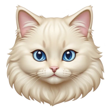 Cinematic Adorable Fluffy Cream Ragdoll Cat Portrait Emoji, Head tilted gracefully with soft, sparkling blue eyes, silky cream-colored fur with subtle darker points on the ears, face, and paws, Simplified yet noble features, highly detailed, glowing with a warm and gentle radiance, high shine, affectionate and poised, stylized with an air of elegance, bright and endearing, soft glowing outline, capturing the essence of a majestic and loving kitty, so dignified it feels like it could spring into action at any moment with grace! sticker