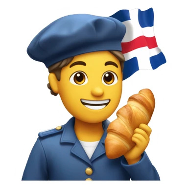 default smiling happy emoji wearing a beret holding a croissant and baguette in front of the french flag sticker