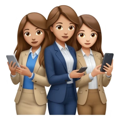 two brown haired girls, looking professional maybe leaned on each others back and looking forward and using phones, with long hair and one girl can hold lap top another one can hold the phone, professional clothes, more stylish sticker
