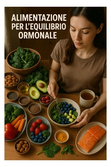 A realistic, cinematic flat-lay image of a clean wooden kitchen table filled with fresh, colorful whole foods known to help reduce androgen excess naturally. The table includes leafy greens like spinach and kale, avocados, berries, colorful vegetables, nuts, seeds (chia and flaxseeds), wild-caught salmon, and herbal teas, carefully arranged in an aesthetically pleasing, organized manner. A small glass bowl with olive oil and another with turmeric powder are included, emphasizing anti-inflammatory properties. In the scene, a young woman with clear, healthy skin and a calm expression is preparing a bowl with these ingredients, symbolizing a hormone-balancing diet. Warm, natural daylight streams in, creating a cozy and inviting atmosphere. The style is hyper-realistic 35mm photography, with vibrant yet soft colors, showcasing textures of the fresh produce and the peaceful vibe of using nutrition to support hormonal balance in italiano sticker