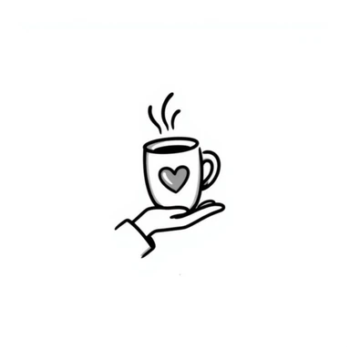 hand-drawn doodle of a coffee cup with steam, black ink, Notion style sticker