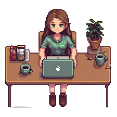 girl at desk with MacBook, coffee cup nearby, cozy atmosphere, pixel art style sticker