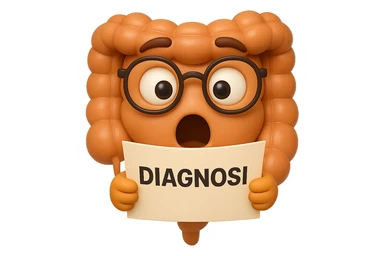 EMOJI STILE IPHONE DI UN INTESTINO CON GLI OCCHIALI CHE LEGGE UN FOGLIO CON LA SCRITTA DIAGNOSI, ESPRESSIONE STUPITA IN VOLTO, IPERREALISTICO 4K sticker