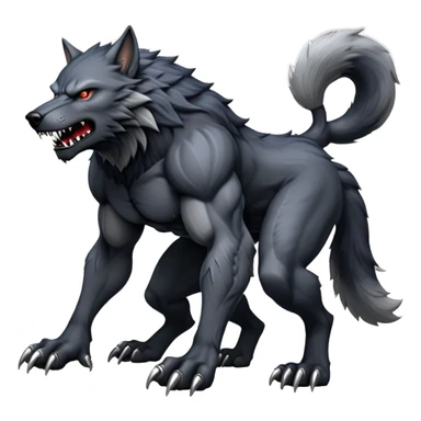 cinematic-noble-fierce-werewolf-full body on all fours-emoji, poised-and-imposing, with a tall, lean, and muscular wolfish frame inspired by the brutal, imposing shape of the beast from Berserk, fur rippling in shades of midnight black and silver, massive paws with razor-sharp claws, elongated limbs and fangs, eyes glowing with an intense, primal ferocity, reflecting the untamed power of the wild moonlit night; rendered with realism like a wolf hunched over sticker