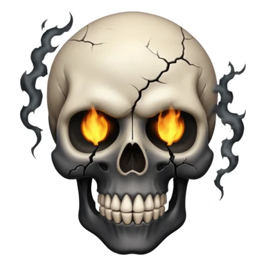 iOS style emoji, dark fantasy skull, cracks, black smoke from eyes, soft light, stylized sticker