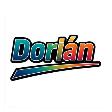 Dorián name in masculine, modern gradient font with precise Hungarian characters, dark outline, extra thick, prominent white letter border, dynamic slanted underline, rainbow gradient colors, 1000x1000 px, PNG, transparent background sticker