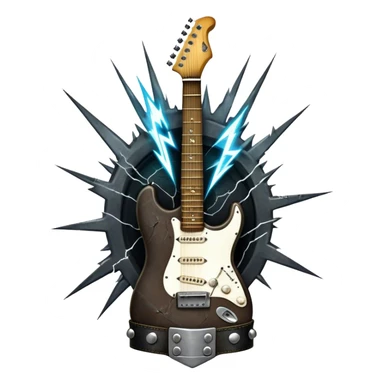 Create a powerful and dynamic humanless emoji representing rock vocals. The design should feature a classic vintage microphone with a rugged, distressed look, surrounded by elements like a guitar pick, electric guitar neck, and sound waves to reflect the raw energy of rock music. Add subtle details such as a spiked bracelet, leather textures, or bold lightning bolts to evoke the rebellious and intense spirit of rock. Use dark, edgy colors like black, red, silver, and metallic accents to emphasize the fierce, loud, and passionate nature of rock vocals. The background should be transparent. sticker