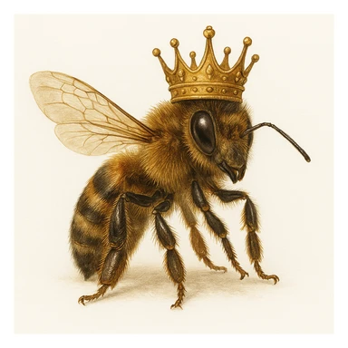 realistic illustration of a king bee, detailed textures, golden crown, regal pose, natural colors, white background sticker