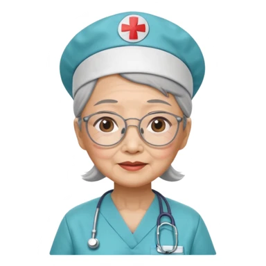OLD ASIAN WOMAN WITH GLASSES, NURSE SCRUBS, CAP, NO HAIR SHOWING sticker