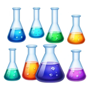 A set of colorful growing crystals in various stages of development, surrounded by beakers and jars with chemical solutions. Light shining on the crystals creates a dazzling glow. Background of a clean, well-lit workspace with scientific tools and equipment. Transparent background. sticker