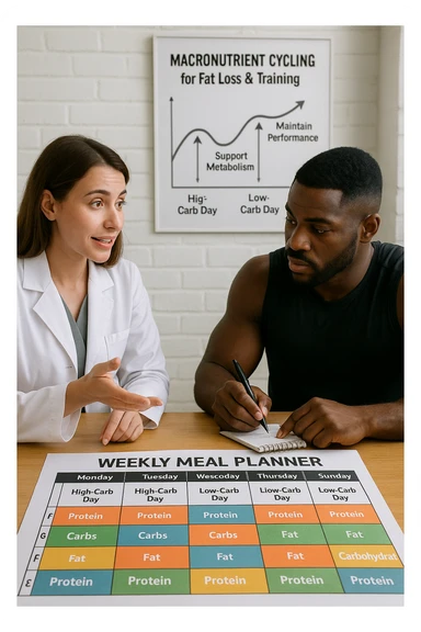 a nutritionist explains to an athlete how to cycle macronutrients for fat loss and training. On the desk, a weekly meal planner shows alternating high-carb and low-carb days, with color-coded sections for proteins, fats, and carbs. The athlete takes notes, and a chart in the background illustrates the benefits of nutrient cycling. The mood is professional and educational. scritto in italiano sticker