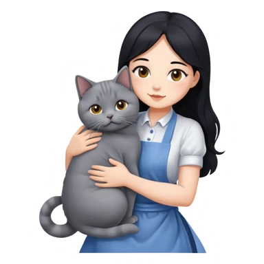 A beautiful girl with long black hair wearing an apron dress hugs a British Shorthair sticker