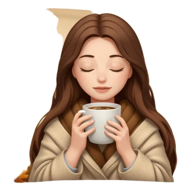 long brown hair woman closed eyes hiding under a cozy wool beige blanket, holding cup of coffee, autumn mood sticker