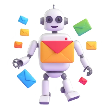 newsletter about AI, with a smiling robot and floating email icons sticker