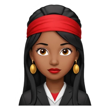 confident Black woman lawyer, 30, long black hair, red headband, sharp look, small round earrings sticker