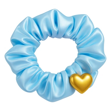 Add a small gold heart charm to the pastel blue silky scrunchie, keep the 3D emoji style and shimmer effect. The style is 3D emoji with a shiny, smooth, and realistic look. Remove the background. sticker