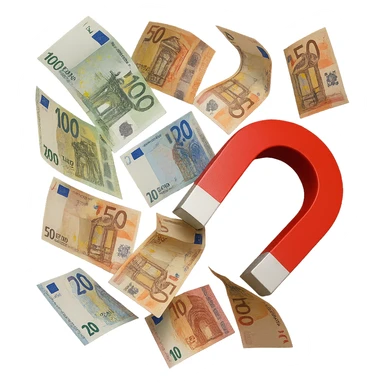 banconote di euro fluttuano vicino ad una calamita rossa, sono attratte, iperrealistico 4k sticker