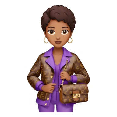 Beautiful black woman wearing a brown monogram Fendi jacket and carrying a purple Fendi baguette bag. I want the image to start at her head and end at the waist sticker
