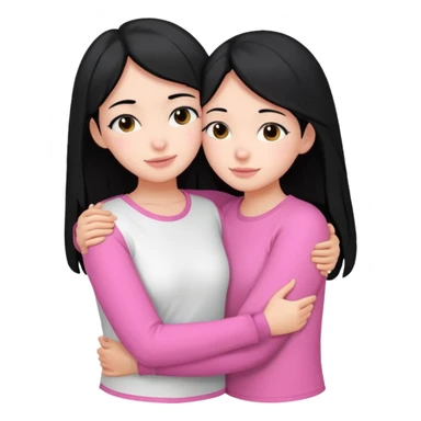 2 girls with black hair hugging each other. One is wearing white clothes and the other is wearing pink clothes sticker