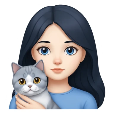 A girl with long black hair is holding a blue and white British shorthair sticker