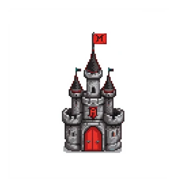 black and red castle with a flag that has the letter M drawn on it sticker