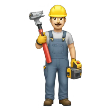 Middle-aged man wearing a yellow engineer helmet and gray overalls, holding an electric tool in his hand sticker