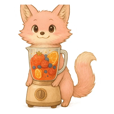 Expand this Ghibli-style pastel pink blender fox into a full-body image, showing the entire fox and blender base. Keep the high-quality, detailed, and joyful look with a transparent body containing a vibrant fruity smoothie inside. Maintain sparkling expressive eyes and a sweet, joyful expression. Transparent background. sticker