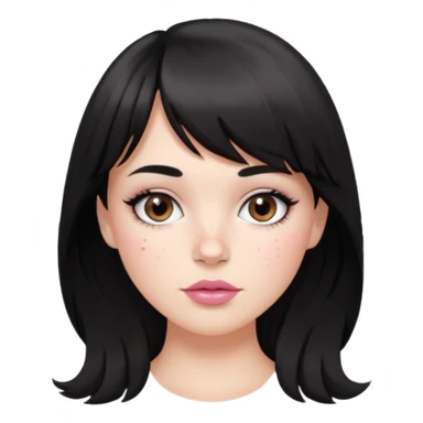 white girl, oval face, bangs and long black, slightly wavy hair. With round brown eyes, small and round nose, full and pink lips. Skin with some freckles. rock style sticker