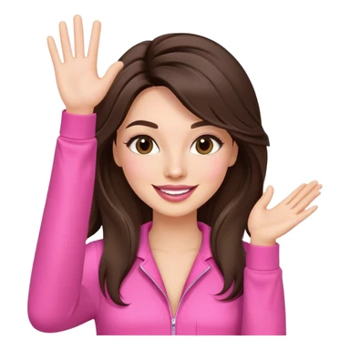 Woman. Brunette. Long layered hair. Long lashes, lipgloss. Pink junmpsuit. Waving, happy face.  sticker