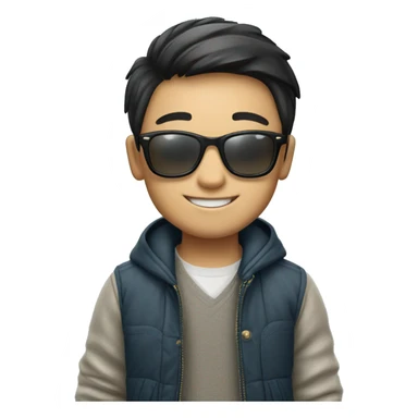 chinese smiling boy in stylish outfit with ray-ban sticker