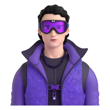 male athlete with white skin and moderately curly black hair on top with shaved sides, wearing ski goggles with purple frames and very dark black lenses, a simple plain black chain necklace, and a completely unzipped shiny vest with purple and black sequin fire pattern design, fully revealing his chest and abs, no earrings sticker