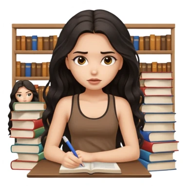 a pretty bratz light dusky girl with long wavy black hair in a brown tank top studying and lookinh tired with stacks of books and papers sticker