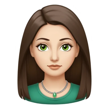 40 year old Adult woman avatar, light skin tone, oval face, long straight ashy brown hair, green almond-shaped eyes with dramatic eyelashes and minimal eyeliner, neutral mouth, medium straight eyebrows, small nose, smooth skin sticker