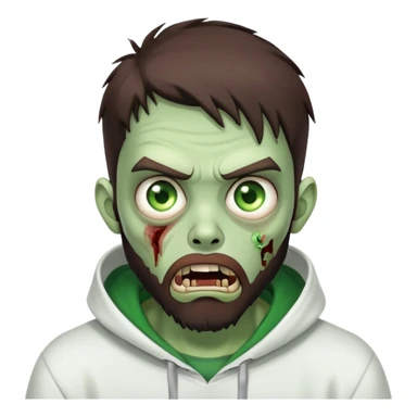 zombie with shocked expression, undercut hairstyle with dark brown hair, short full beard, intense green eyes, wearing plain white hoodie sticker